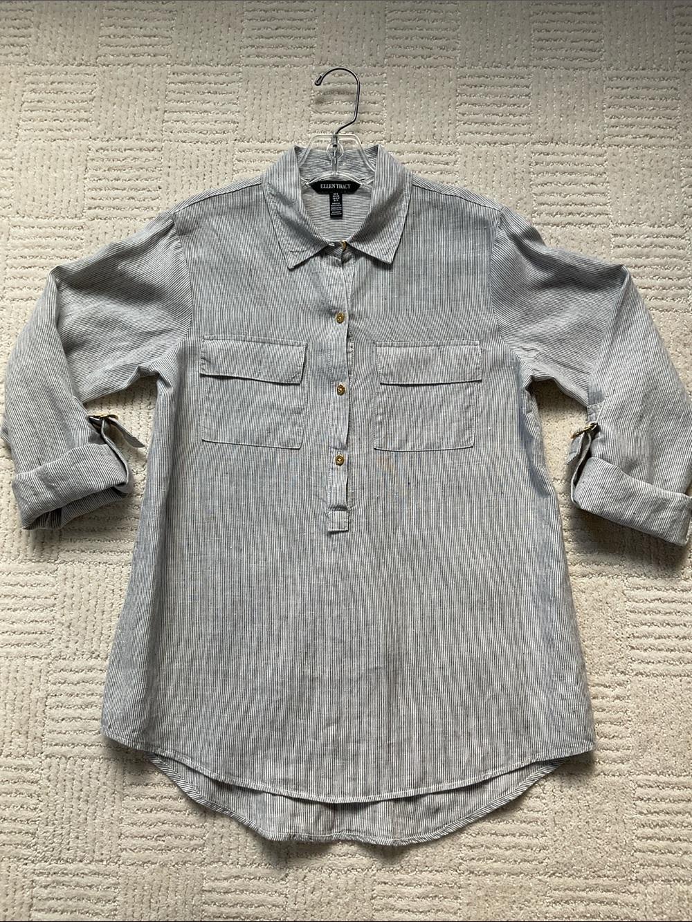 Ellen Tracy Gray/White pinstripe Linen Tunic S